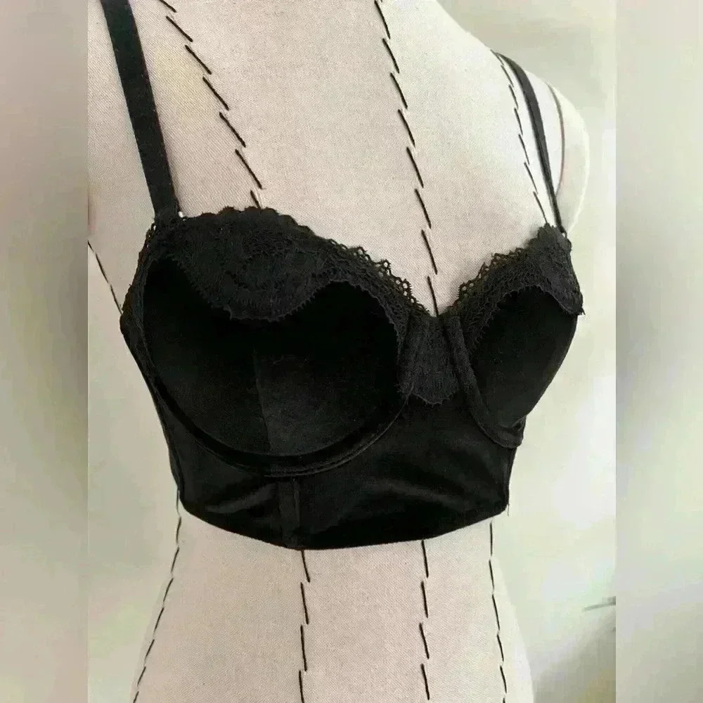 Victoria’s Secret Black Velvet Bustier with Lace Detail - 32B